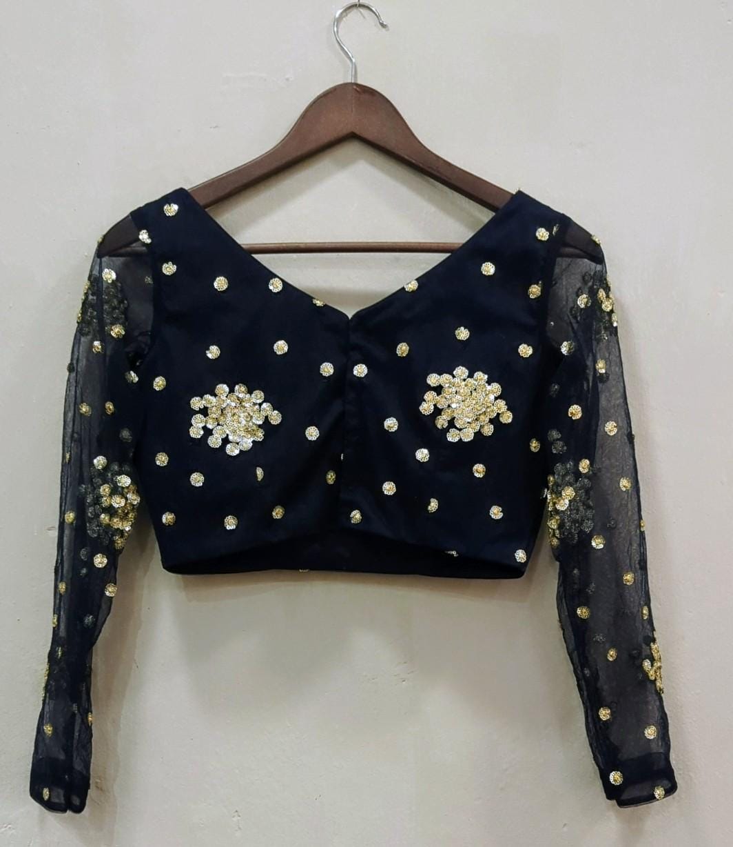 Navy blue satin georgette saree and Navy Sequin embroidery blouse