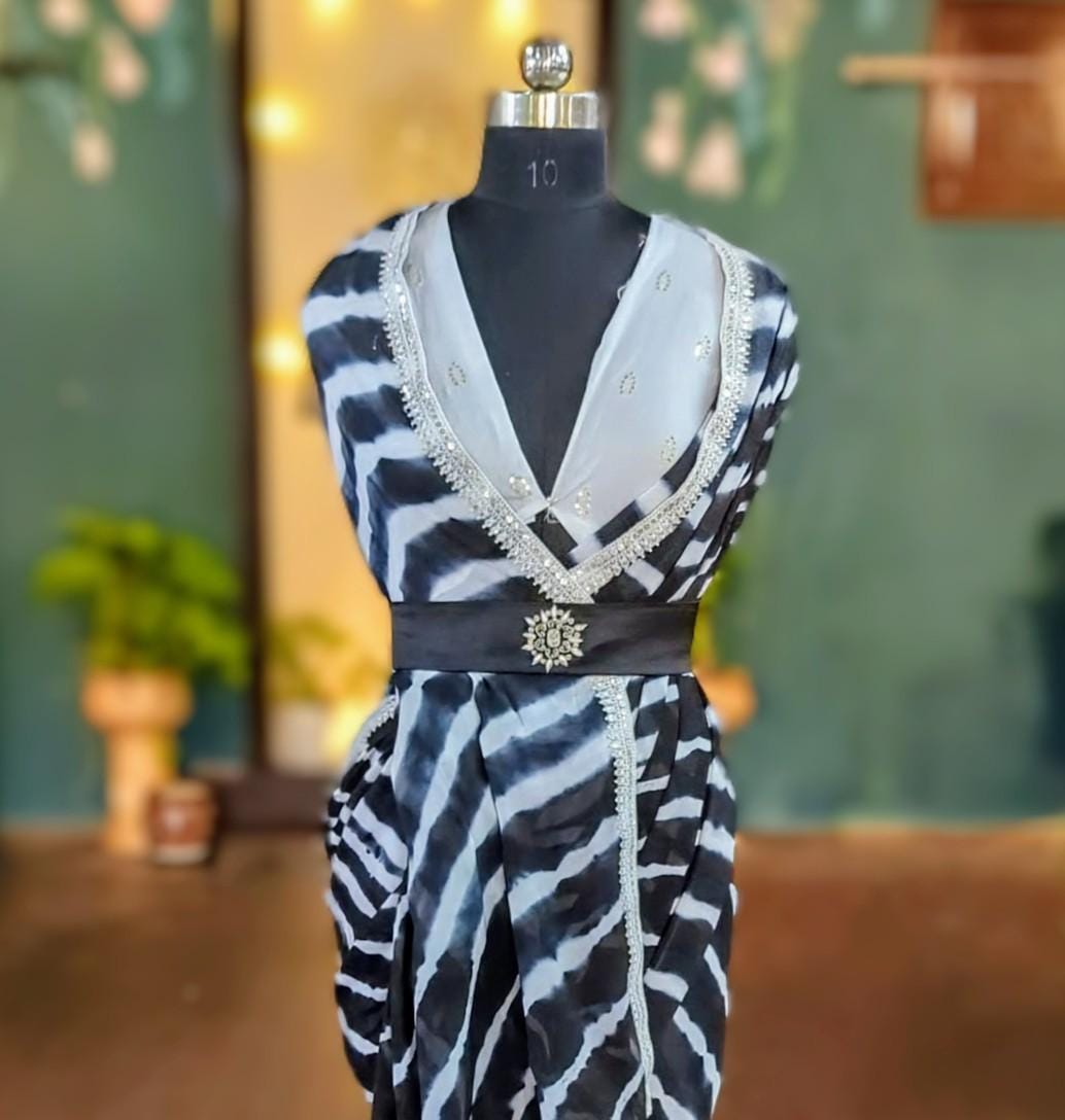 Black & White Shibori Saree with Sequin Embroidered Raw Silk Blouse