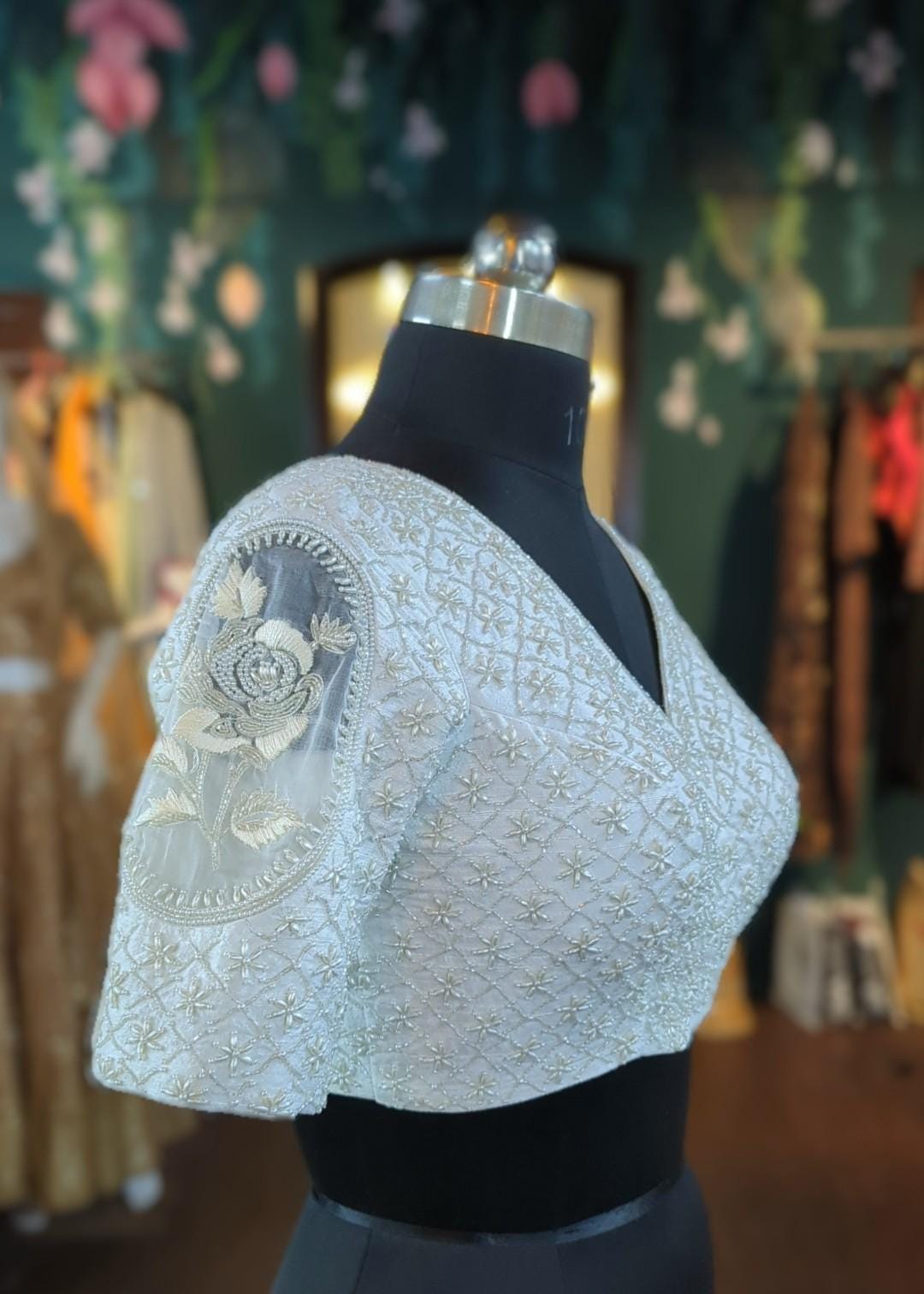 Hand-Embroidered Ivory Raw Silk & Organza Pearl Blouse - Custom Stitched Bridal/Party Wear