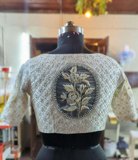 Ivory raw silk and organza pearl work blouse