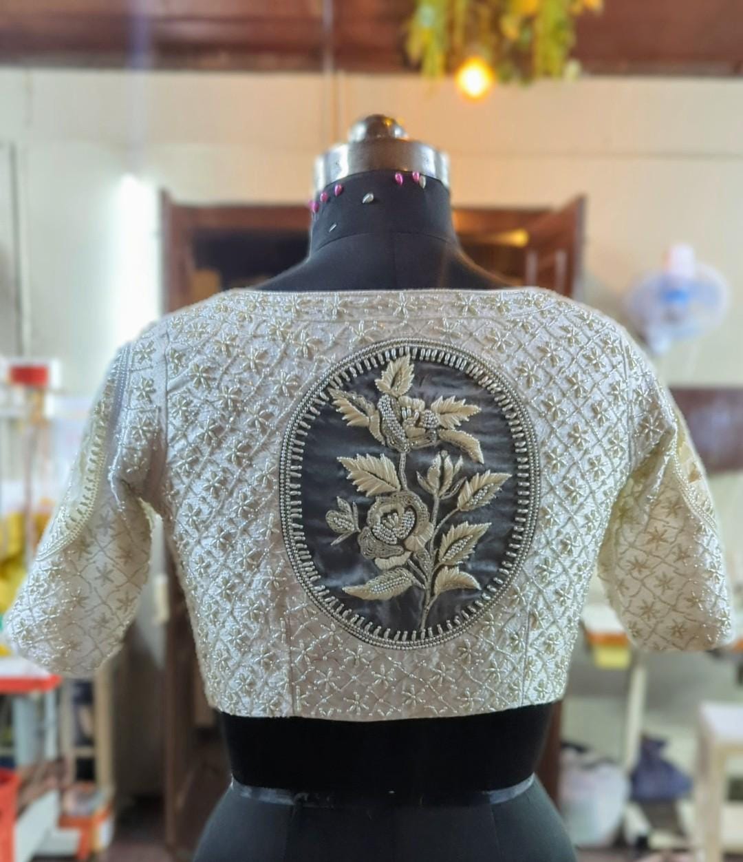 Hand-Embroidered Ivory Raw Silk & Organza Pearl Blouse - Custom Stitched Bridal/Party Wear