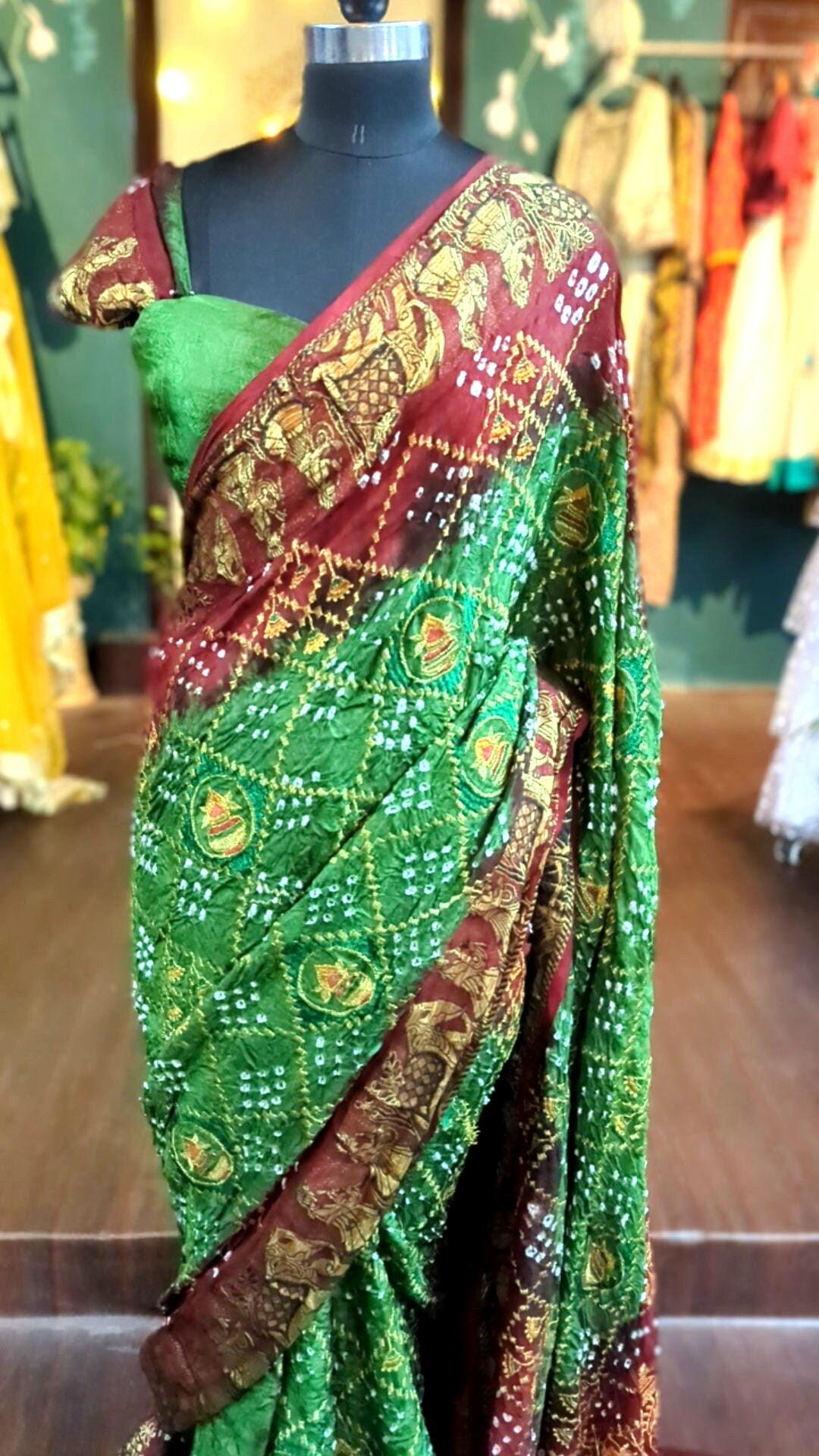 Authentic Green Bandhani Saree with Zari Border & Ready Blouse - Gaji Silk Jacquard