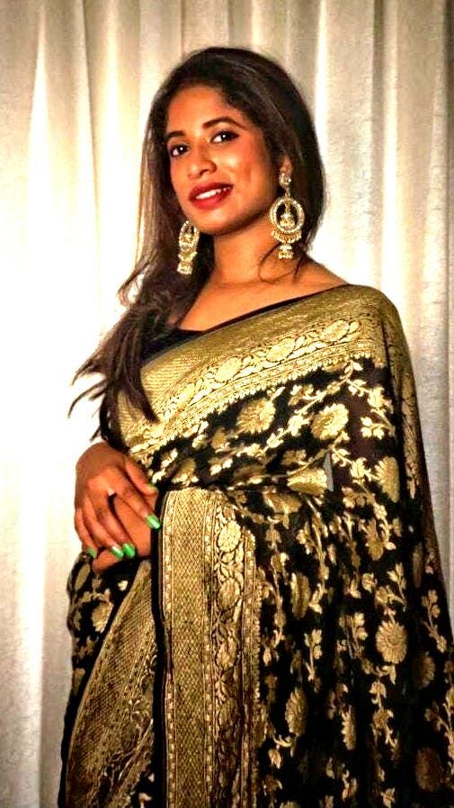 Black pure georgette banarasi saree with stitched blouse