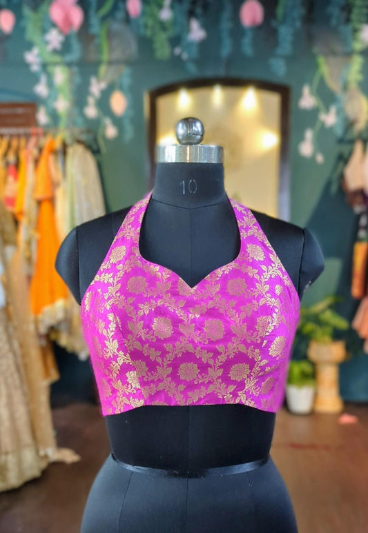 Purple brocade halter neck choli blouse