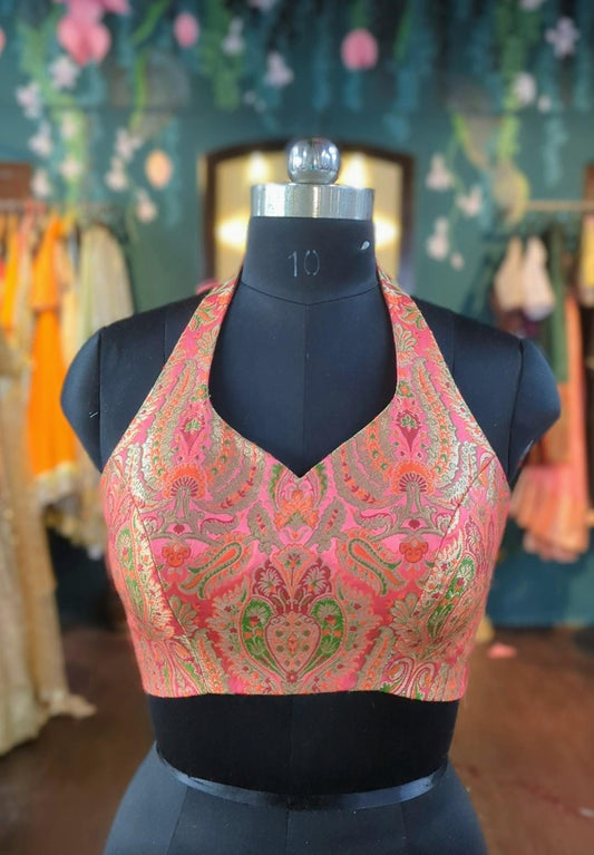 Peach multicolour brocade halter neck choli blouse