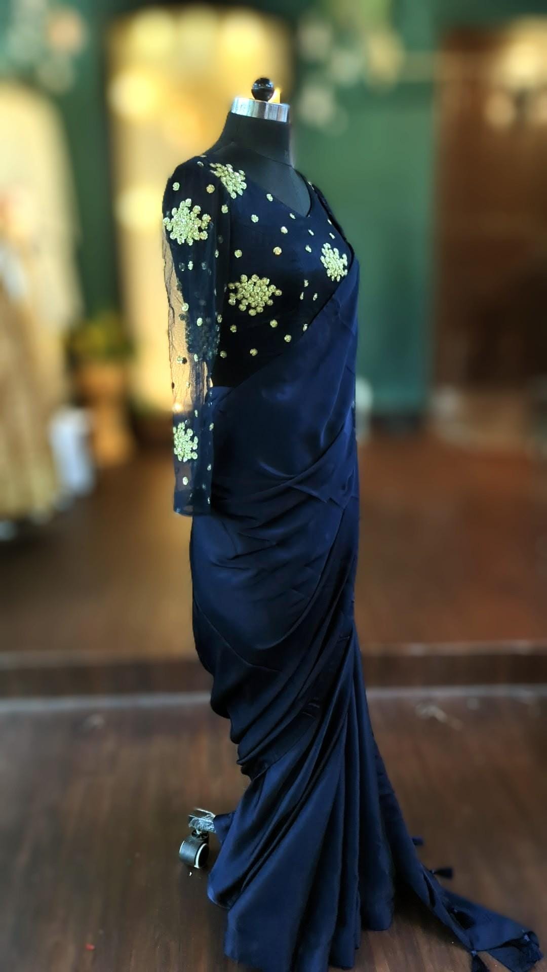 Navy blue satin georgette saree and Navy Sequin embroidery blouse