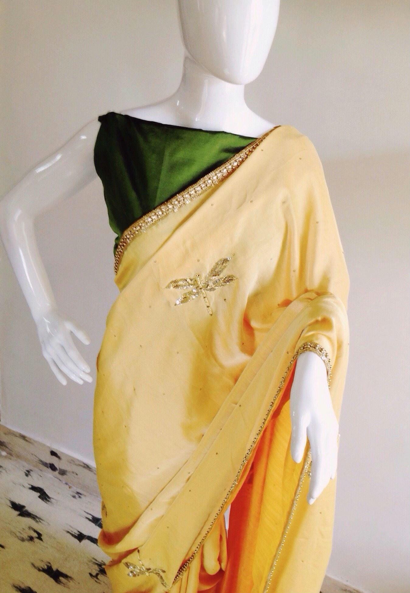Sunny Yellow Semi Silk Saree with Dragonfly Embroidery | Sequin & Bead Work | Olive Green Blouse