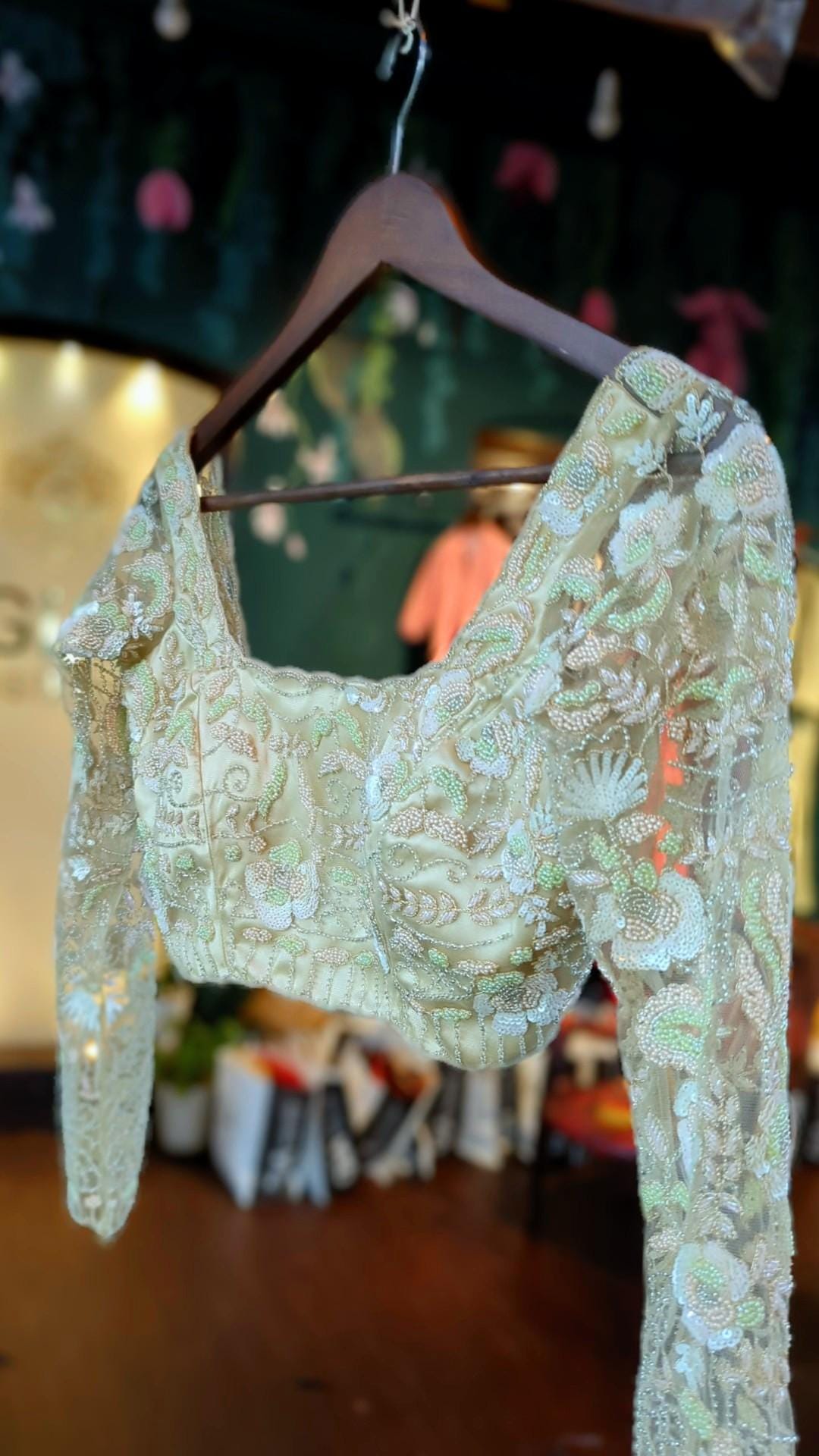 Custom Nude Floral Blouse with Net Overlay & All-Over Sequin Work