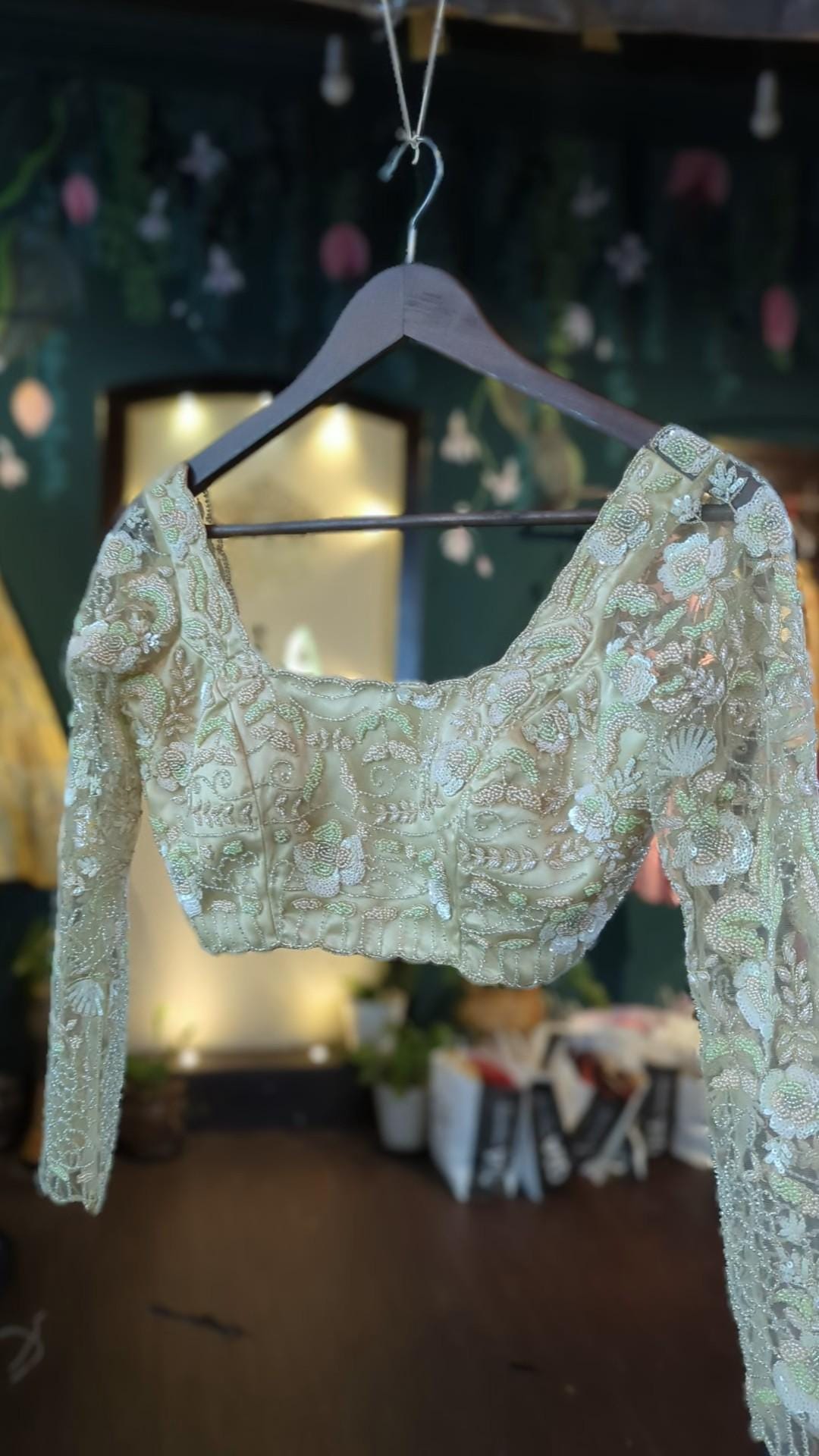 Custom Nude Floral Blouse with Net Overlay & All-Over Sequin Work