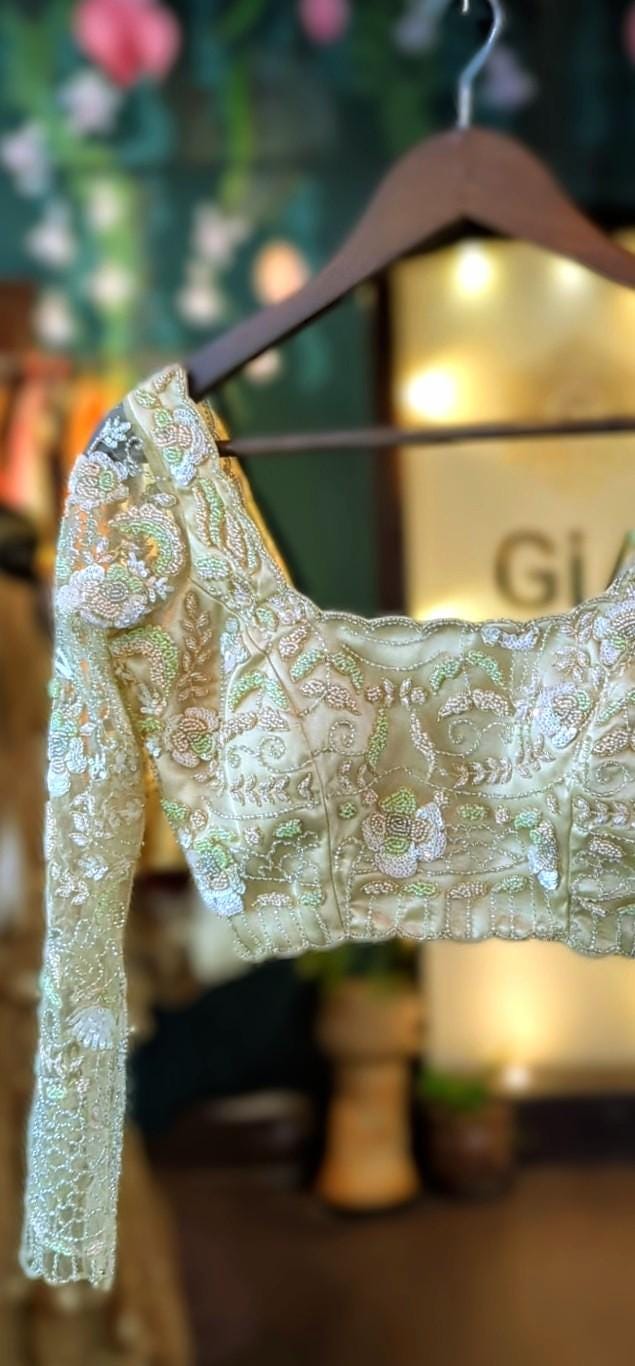 Custom Nude Floral Blouse with Net Overlay & All-Over Sequin Work