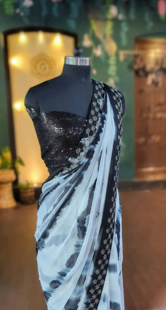 Black & White Shibori Georgette Saree with Hand Embroidery | Sequin Blouse | Indian Wedding Saree | Custom Blouse