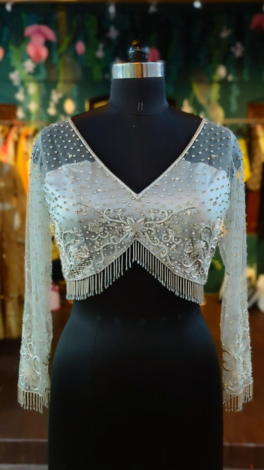 Silver crystal zardozi embroidery net lehenga saree blouse