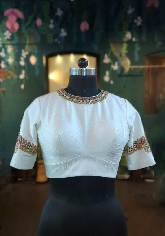 Ivory white raw silk blouse with kundan jewellery embroidery