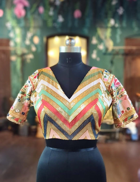 Beautiful multicolor sequin blouse with sequin and multicolor stripes and elbow length sleeves