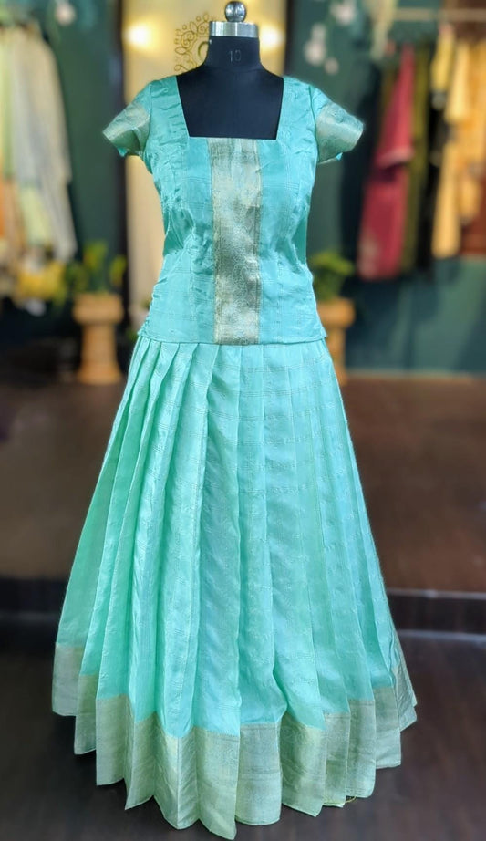 Pastel Aqua Silk Pattu Pavada Set | Kids Lehenga with Zari Border | Custom Size South Indian Dress