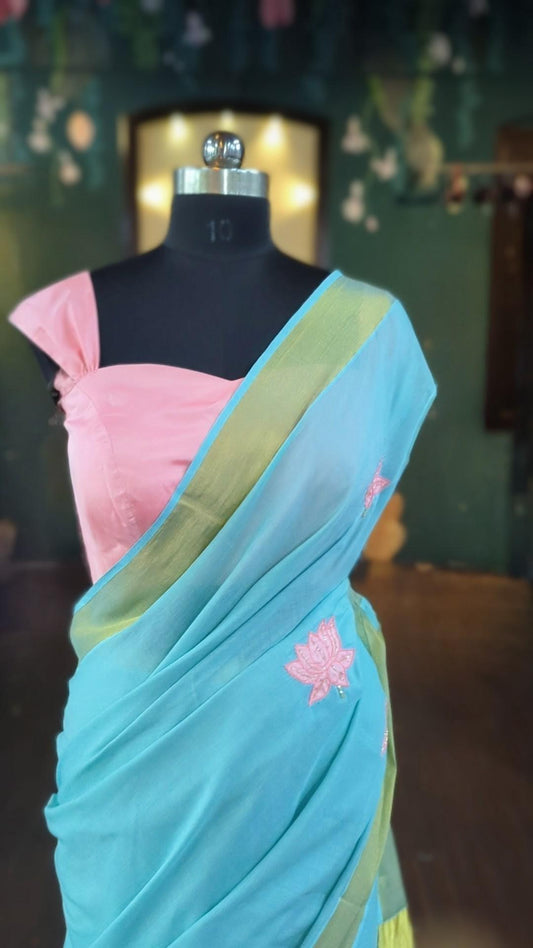 Sky Blue Kerala Saree with Yellow Floral Appliqué | Handloom Cotton Saree with Pink Blouse | Traditional Indian Sari