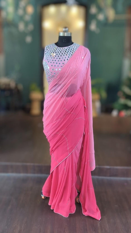 Graded pink georgette saree with zari sequin zardosi hand embroidery