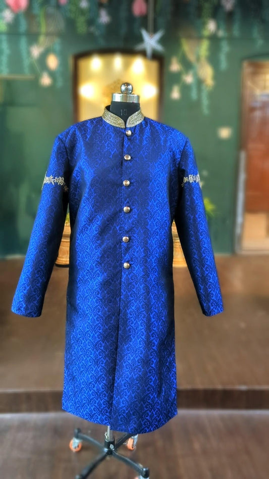 Blue jacquard hand embroidered sherwani