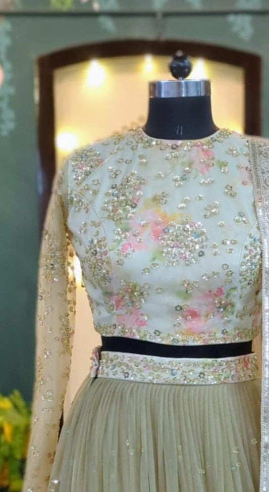 Ivory floral blouse with multicolor sequin flower embroidery
