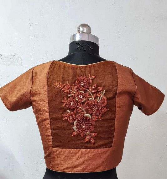 Coffee Brown silk blouse with silk thread embroidery