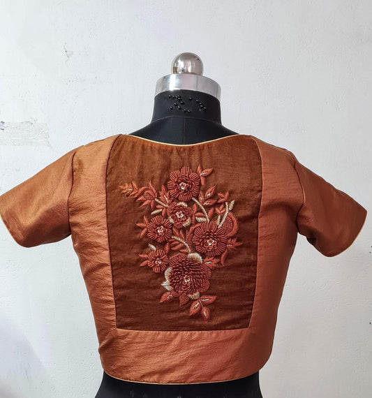 Coffee Brown Pure Silk Blouse with Hand Embroidery | Custom Stitched Indian Saree Blouse | Designer Ethnic Top