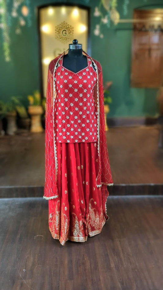 Red Georgette sharara with hand embroidery and open back with embroidered net dupatta