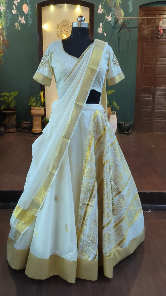 Custom Ivory Cream Lehenga Choli with Floral Embroidery | Made from Kerala Saree | Adjustable Waist & Hidden Zipper