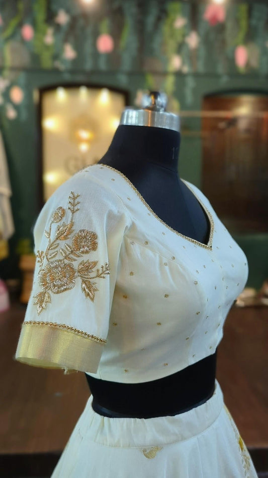 Ivory Kerala Kasavu Blouse with Gold Hand Embroidery