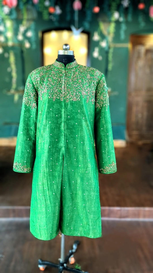 Hand-Embroidered Green Jacquard Sherwani for Men - Wedding & Festive Wear