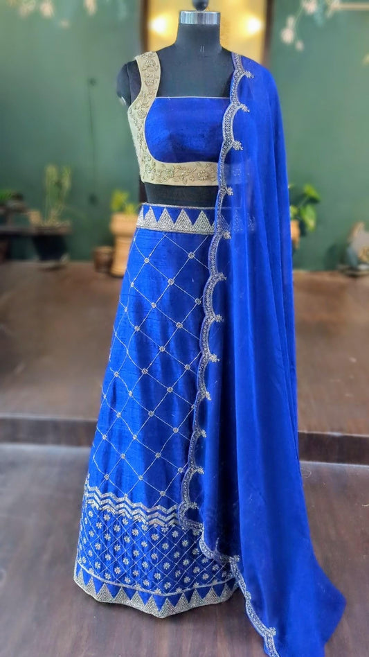 Blue Pure Raw Silk Zardozi Lehenga Choli with Dupatta | Custom Bridal & Wedding Lehenga