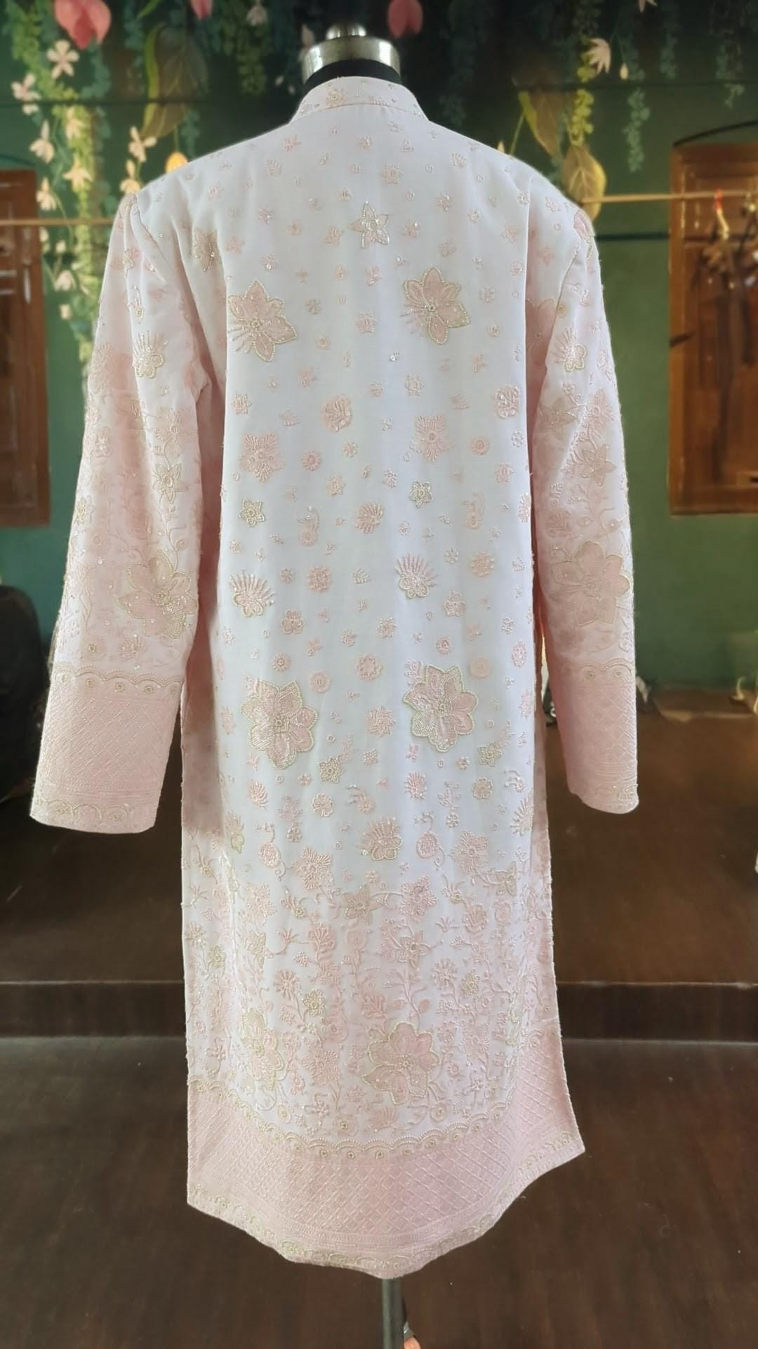 Blush pink sherwani with thread and sequin embroidery