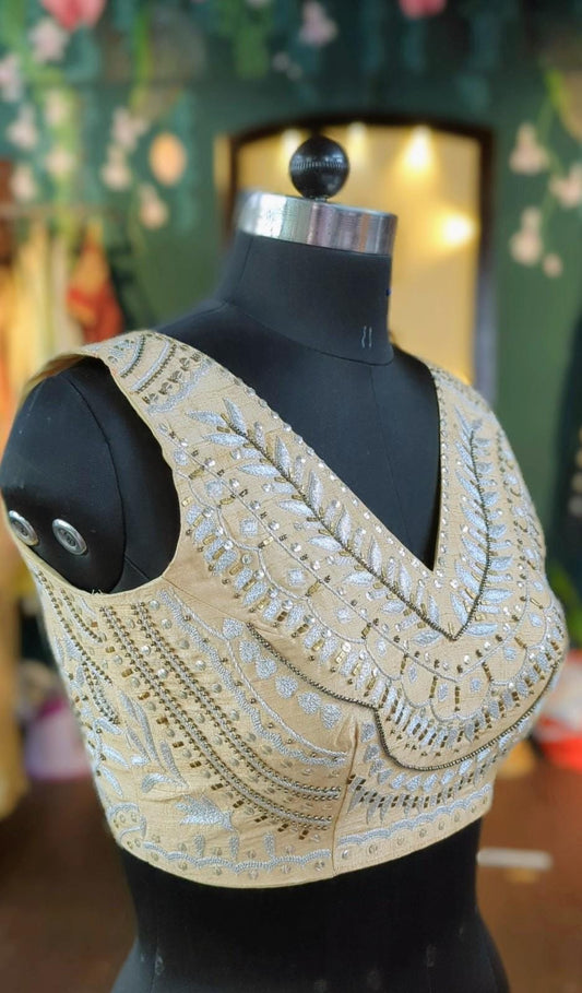 Tan beige rawsilk  blouse with zardozi work