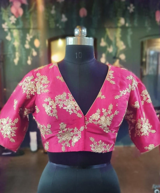 Pink sequin embroidered v neck blouse
