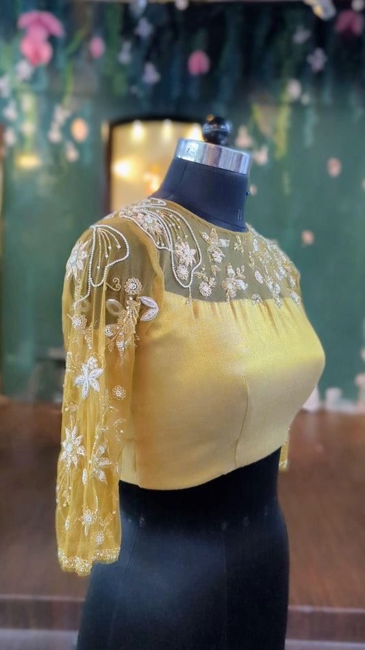 Gold tissue blouse with zardozi work