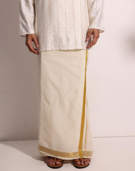 Men's Kerala Gold Kasavu Mundu Dhoti - Pre-Draped or Traditional Handloom | Wedding & Festive Wear