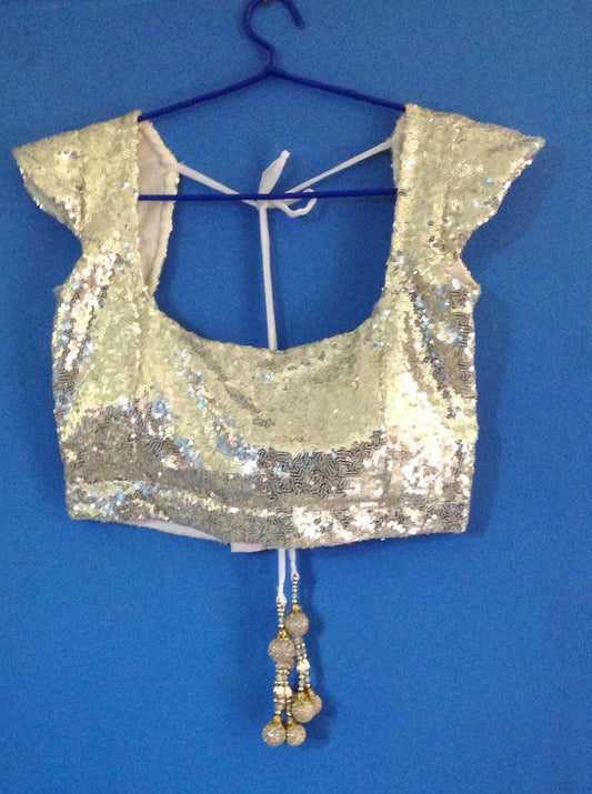 Light gold sequin blouse deep U neck and cap sleeves