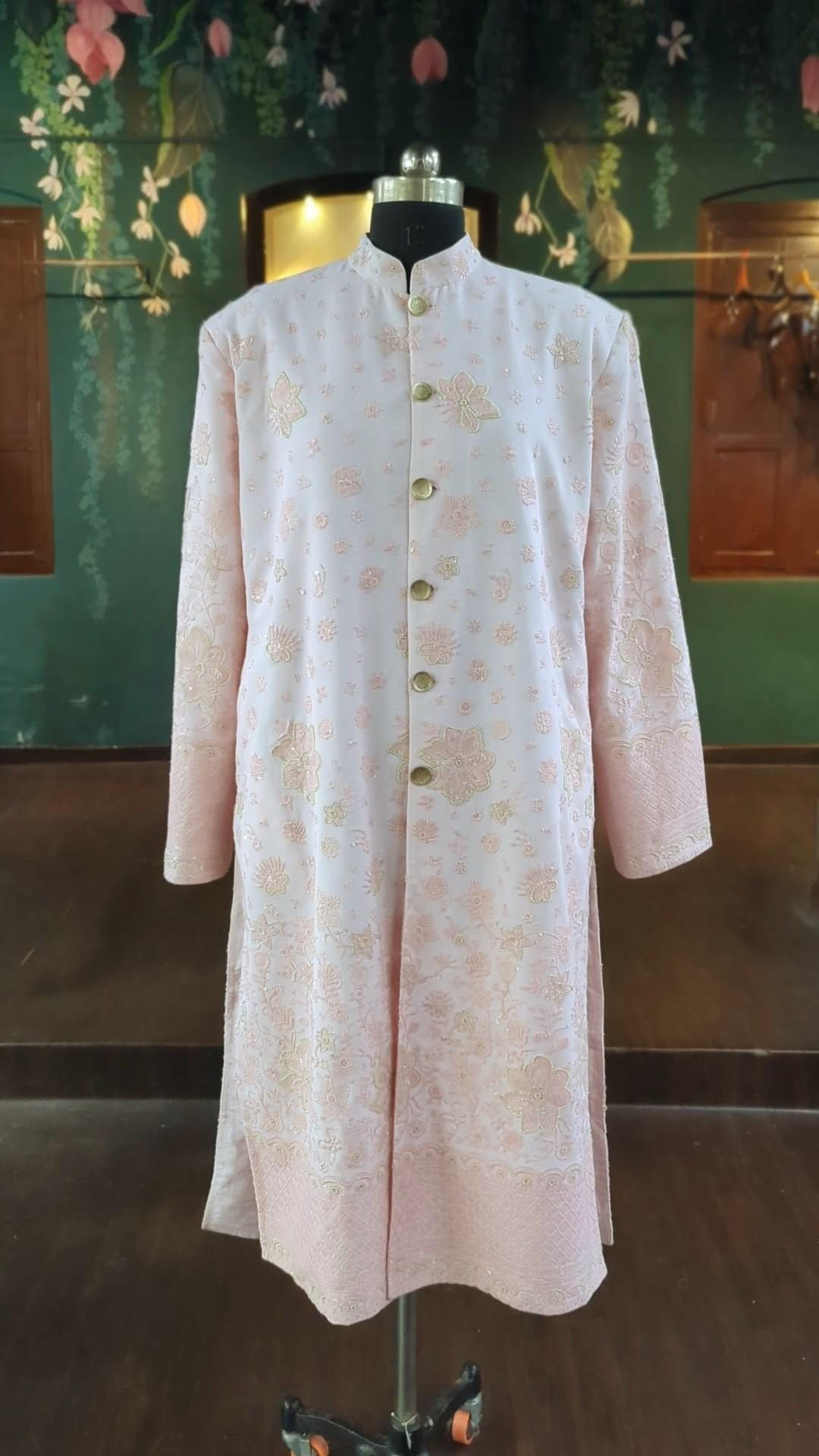 Blush pink sherwani with thread and sequin embroidery
