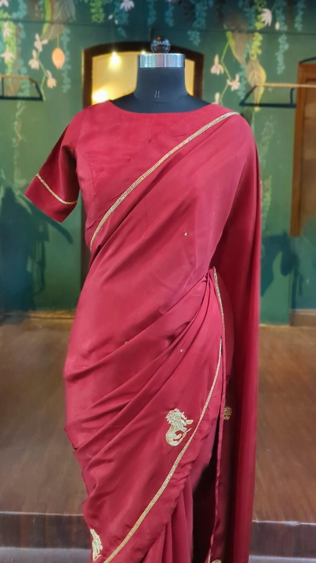 Beautiful blood red crepe silk saree sari with zardozi lion motifs