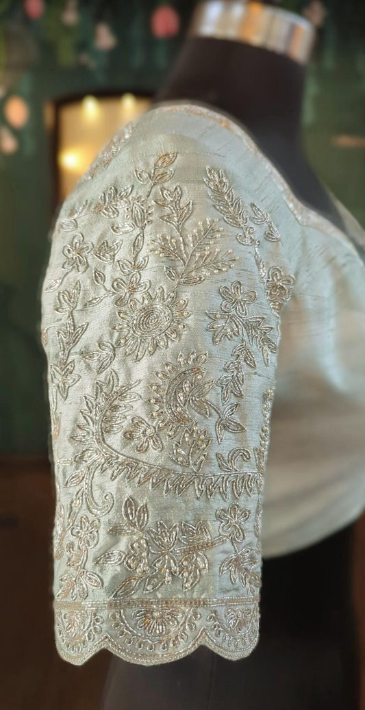 Pale green pure raw silk blouse with silver zardozi embroidery