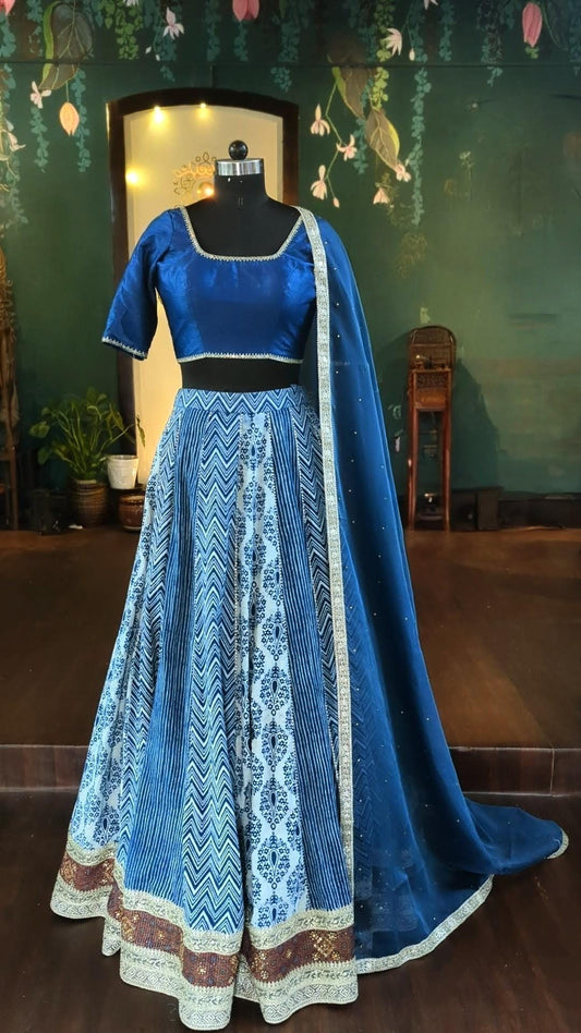 Blue Cotton lehenga with indigo hand block print fabric