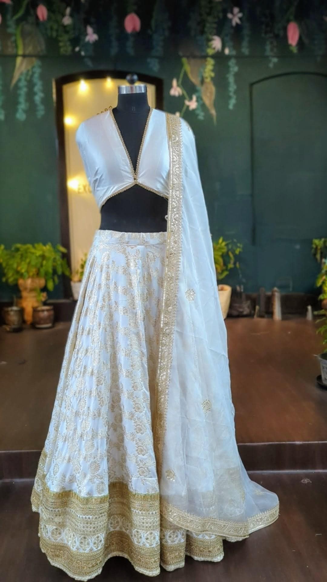 Ivory Brocade Lehenga - White & Gold Custom Made Indian Skirt