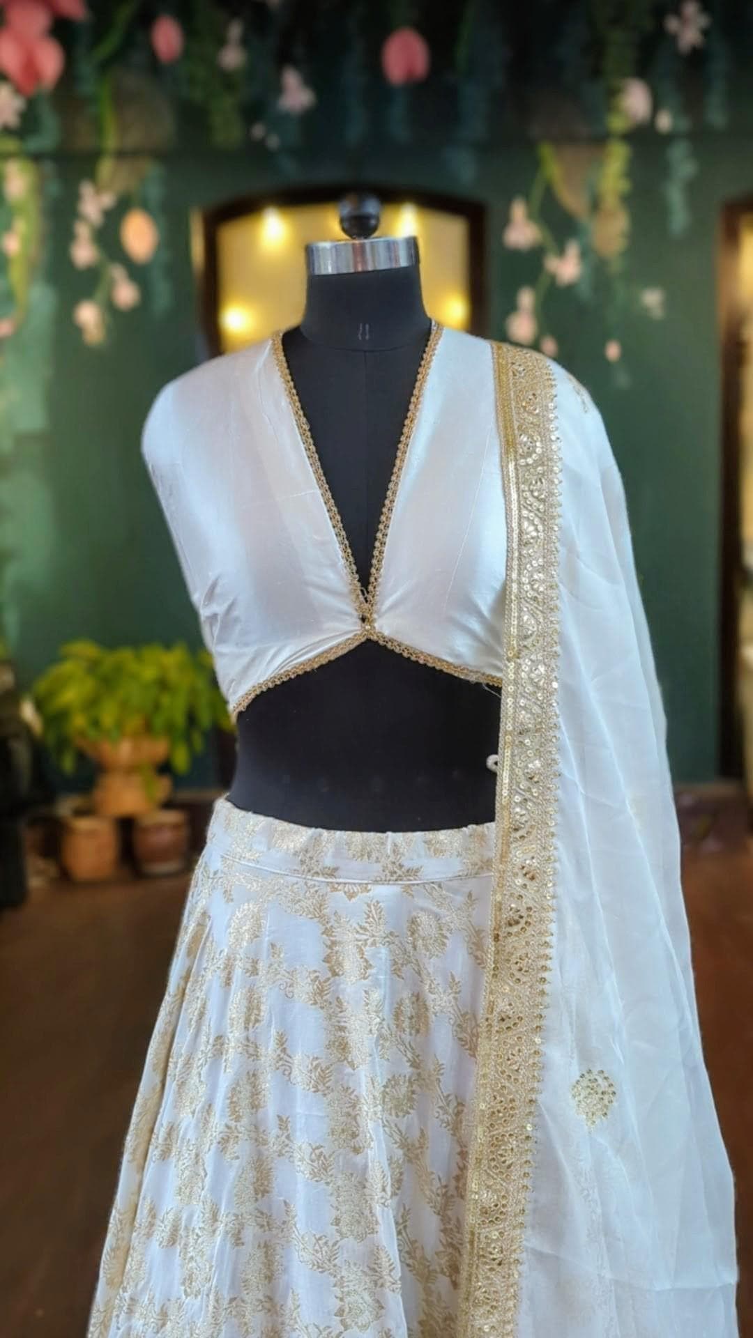 Ivory Brocade Lehenga - White & Gold Custom Made Indian Skirt
