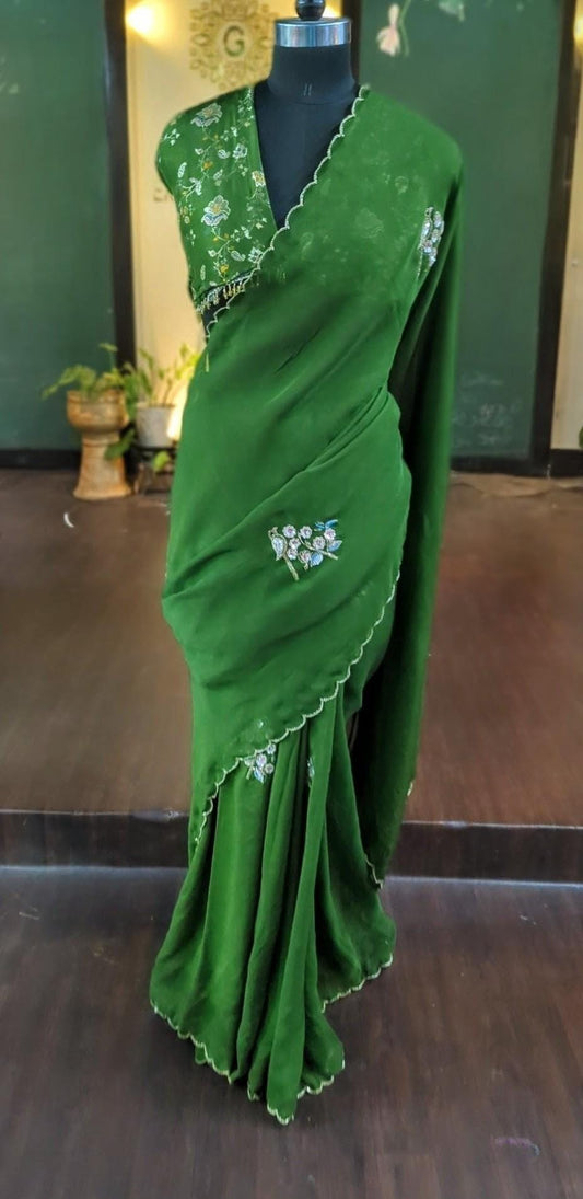 Mehendi Green Organza Saree - Parrot Embroidery Saree - Brocade Blouse - Indian Wedding Saree - Custom Size