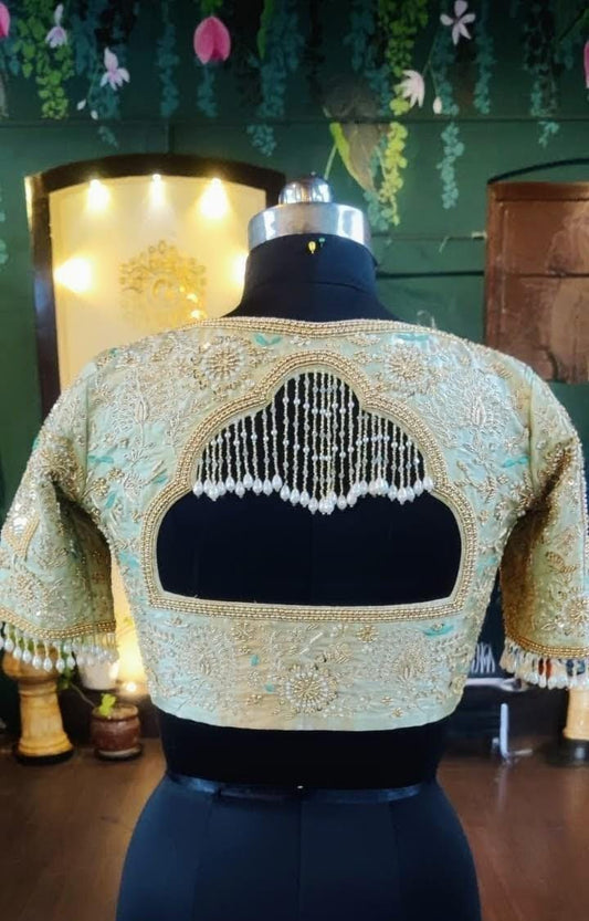 Pale Green Zardozi Blouse | Heavy Raw Silk Wedding Blouse | Elbow Length Sleeves | Custom Fit Available