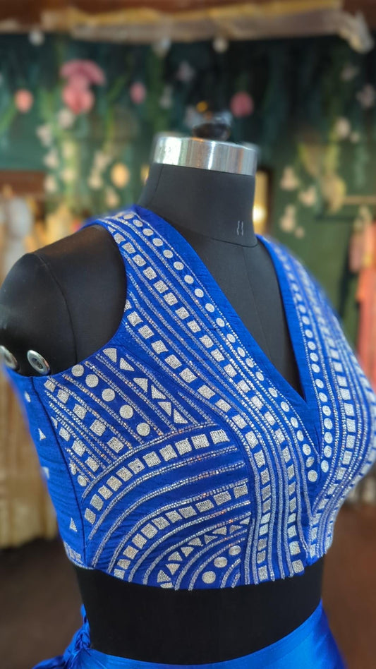 Royal blue pure rawsilk blouse with silver zardozi work