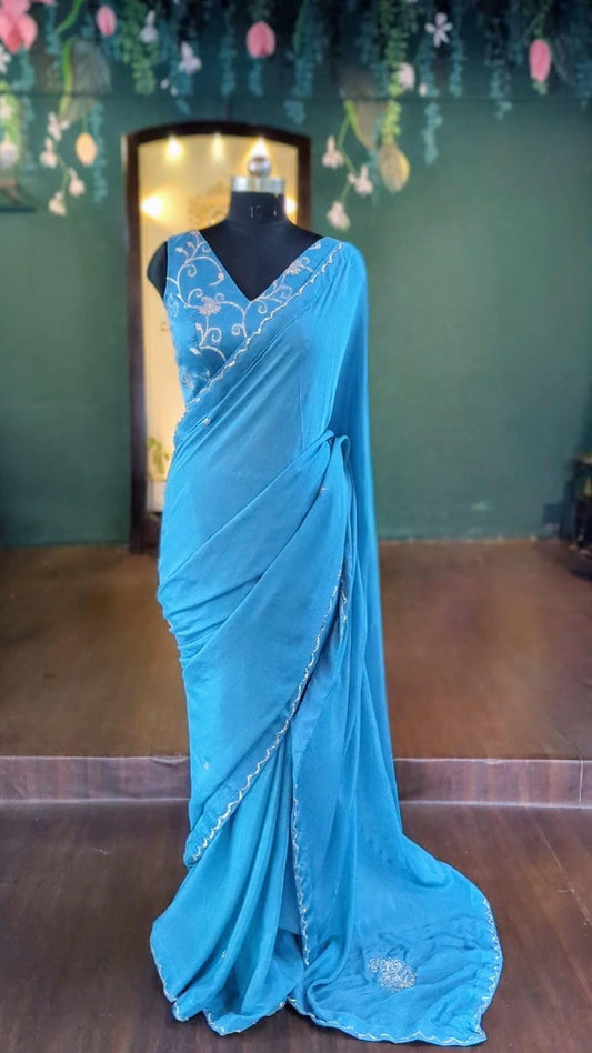 Dusty Blue Grey Chiffon Saree - Hand Embroidered Peeta Work Saree - Brocade Blouse - Indian Wedding Saree