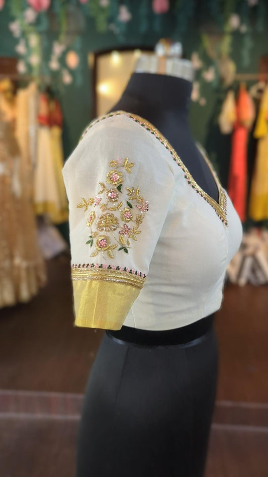 Ivory Kerala Saree Blouse - Zardozi Embroidery - Pink & Green Accents - Handmade Bridal Blouse - Sweetheart Neckline