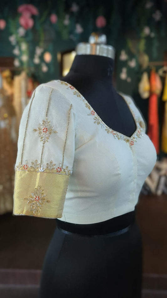 Kerala Kasavu Saree Blouse with Aari Embroidery | Ivory Gold & Red Handmade | Bridal Wedding Festive Wear
