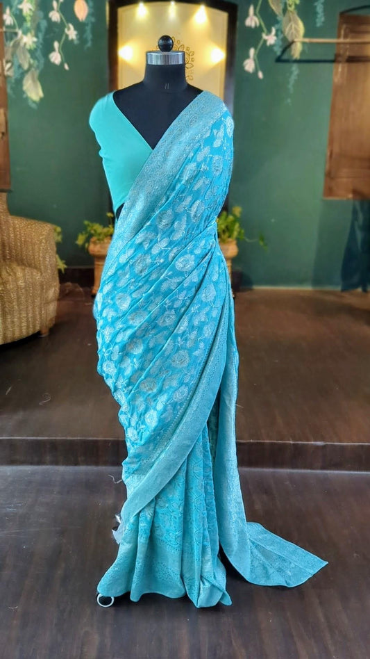 Sea Blue Banarasi Saree with Silver Zari Weave | Silk Blouse Piece | Indian Wedding Saree | Banarasi Silk Saree