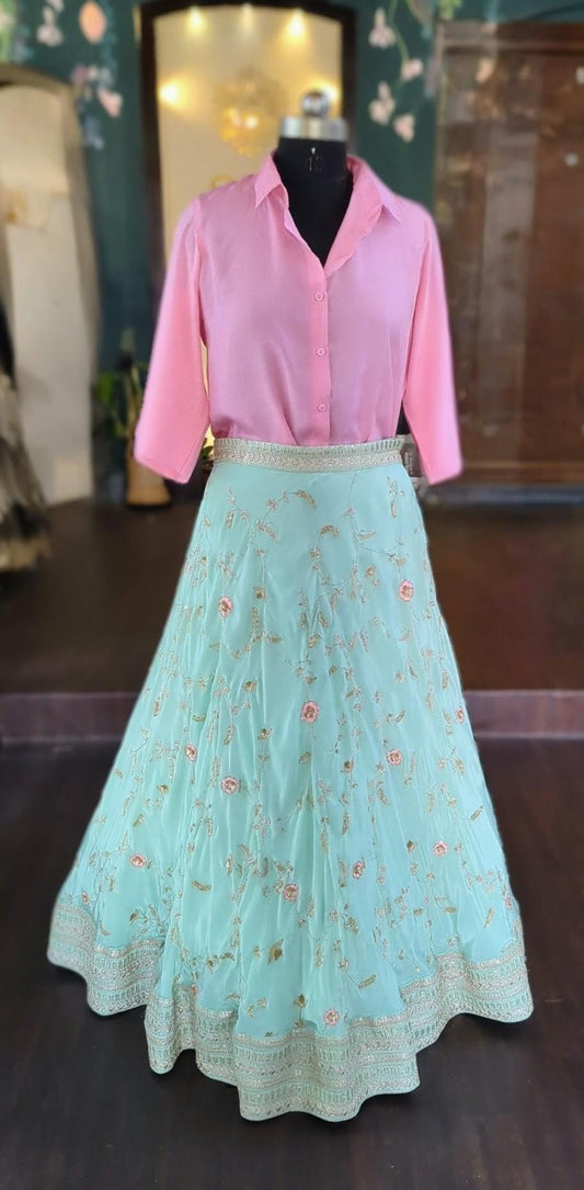Sea Blue Green Silk Lehenga with Zardozi Work & Pink Silk Blouse | Custom Made Indian Wedding Outfit